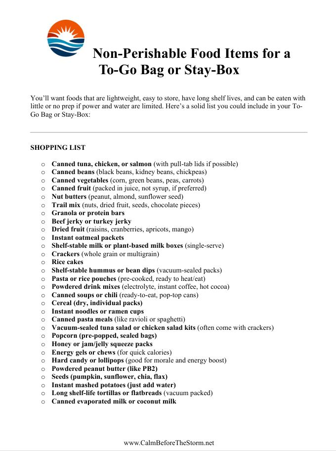 NON-PERISHABLE FOOD ITEMS FOR A TO-GO BAG OR STAY BOX