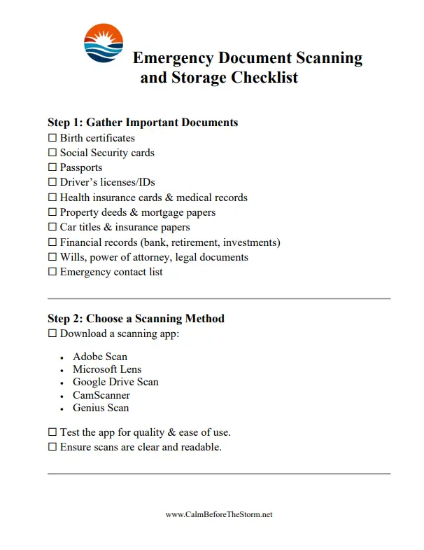 EMERGENCY DOCUMENT SCANNING AND STORAGE CHECKLIST